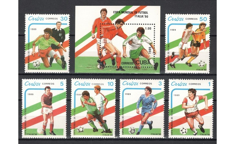 CUBA 1989 - C.M. DE FOTBAL ITALIA 90 - SERIE DE 6 TIMBRE+BLOC NESTAMPILAT - MNH / sport325